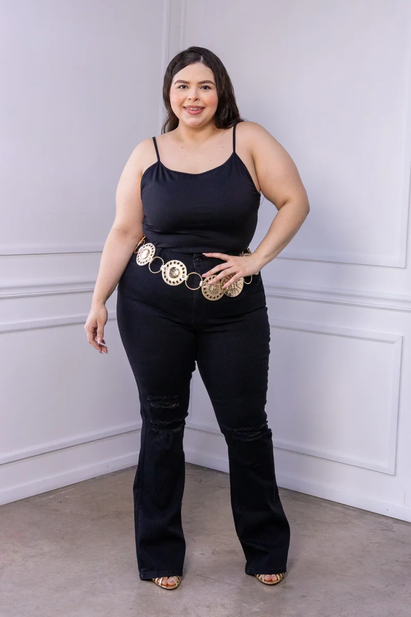 Jeans Curvy Flare Rasgado Negro Tiro Alto Stretch Clásico - Imagen 8