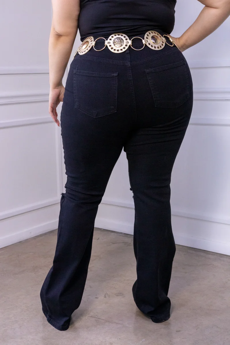 Jeans Curvy Flare Rasgado Negro Tiro Alto Stretch Clásico - Imagen 7