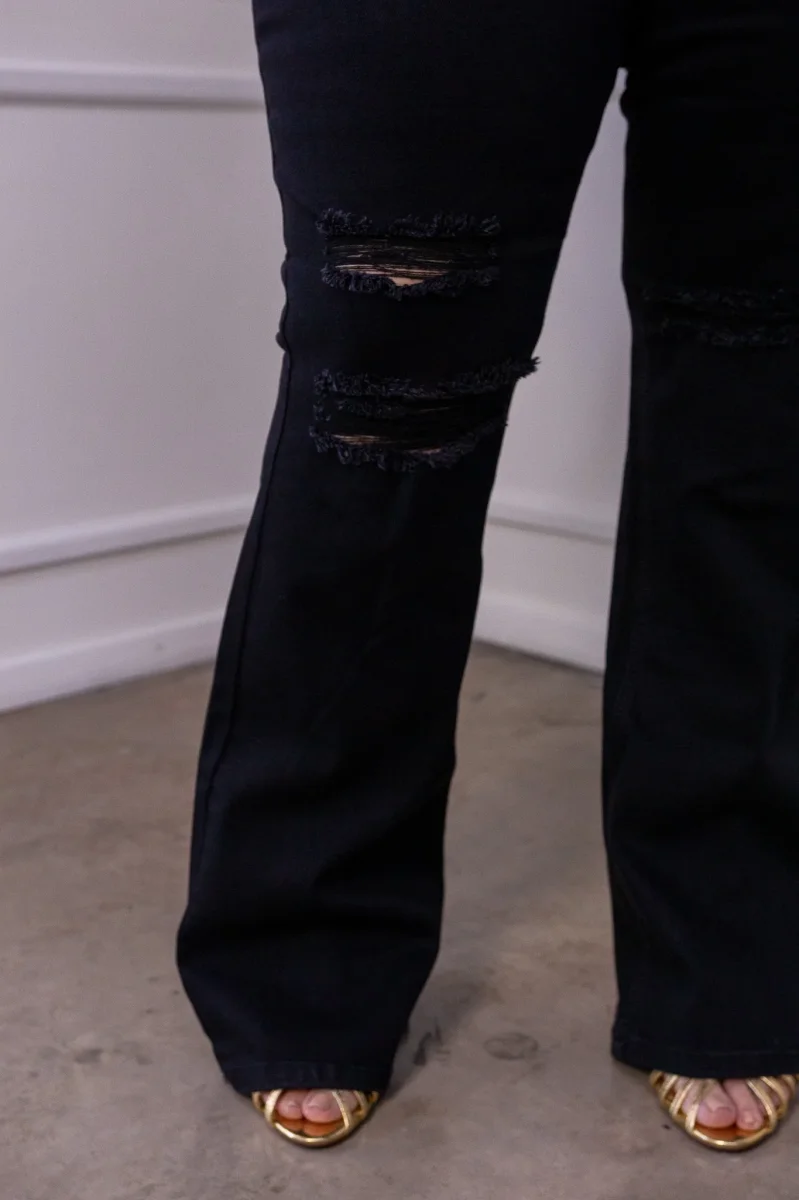Jeans Curvy Flare Rasgado Negro Tiro Alto Stretch Clásico - Imagen 6