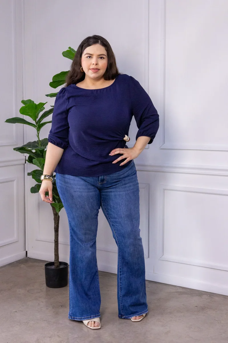 Jeans Curvy Bell Bottom Campana Deslavado Cintura Alta Azul - Imagen 2