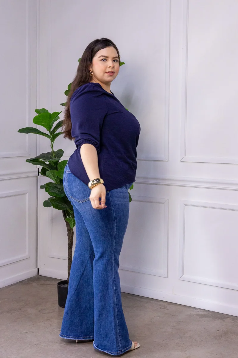 Jeans Curvy Bell Bottom Campana Deslavado Cintura Alta Azul - Imagen 6