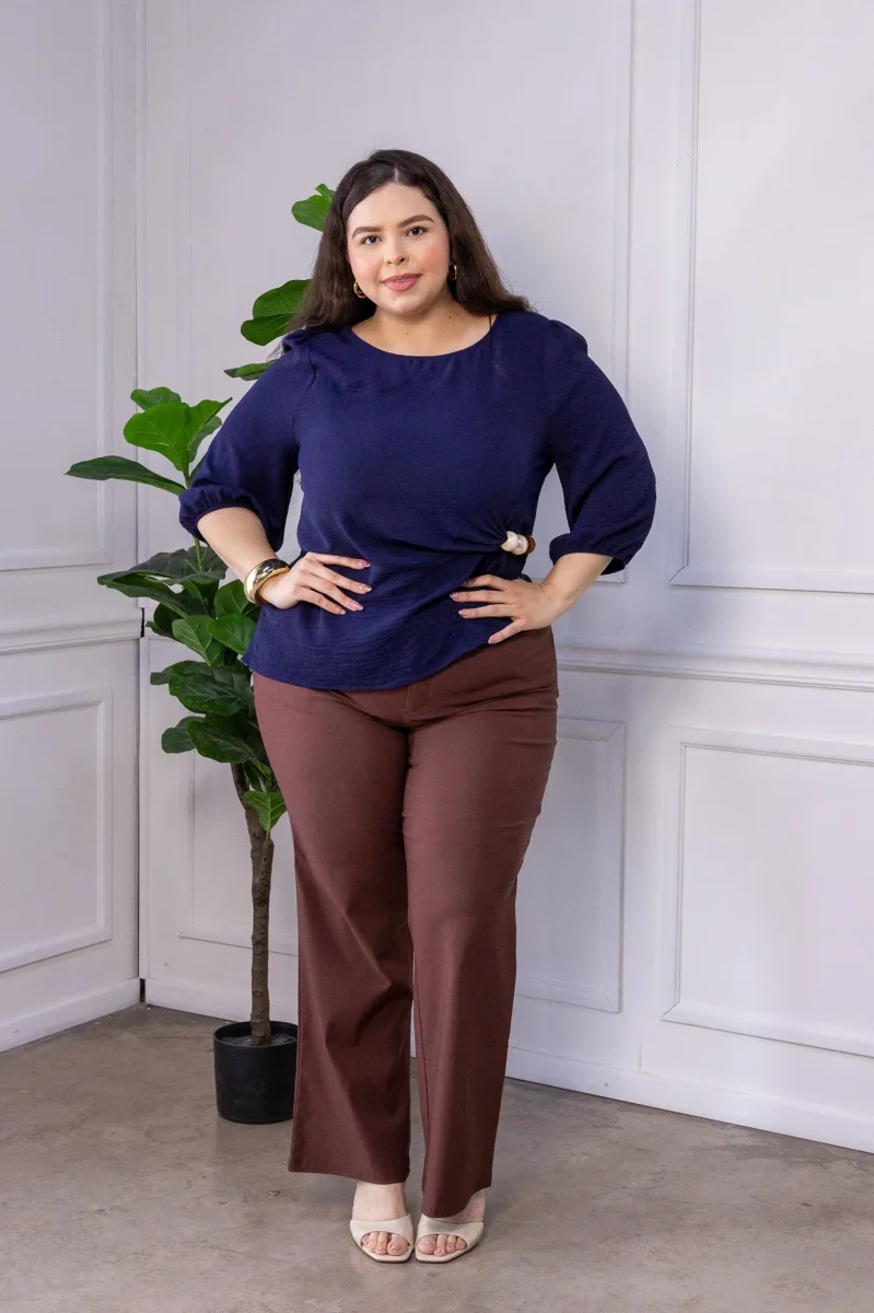 Pantalón Curvy Recto Vestir Café con Cinto Realza Glúteos - Imagen 3