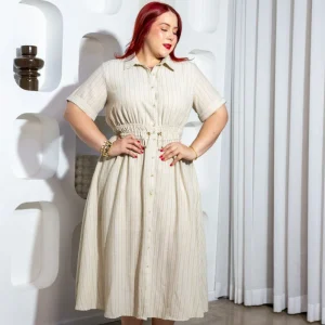 Vestido Curvy Camisero Beige Rayas Midi Jareta Ajustable
