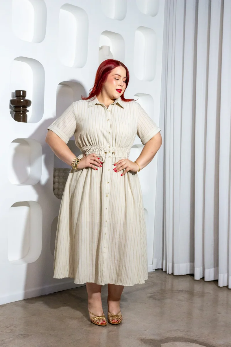 Vestido Curvy Camisero Beige Rayas Midi Jareta Ajustable