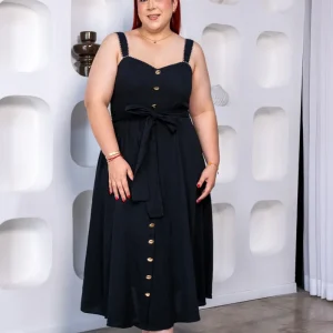 Maxi Vestido Curvy Tirantes Botones Dorados Sweetheart Negro