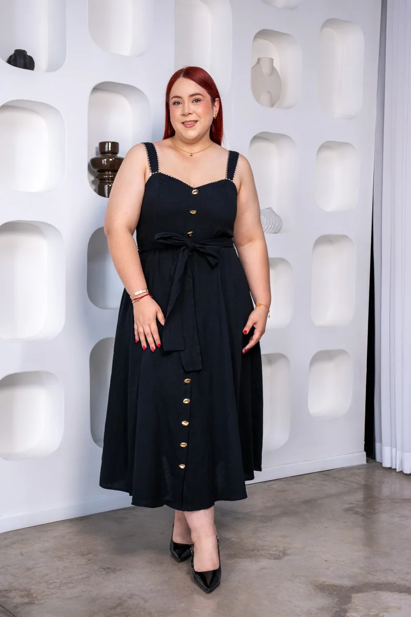 Maxi Vestido Curvy Tirantes Botones Dorados Sweetheart Negro - Imagen 2
