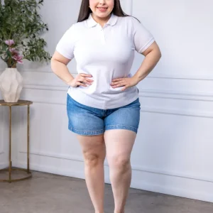 Blusa Polo Curvy Piqué Algodón Blanca Cuello Camisero