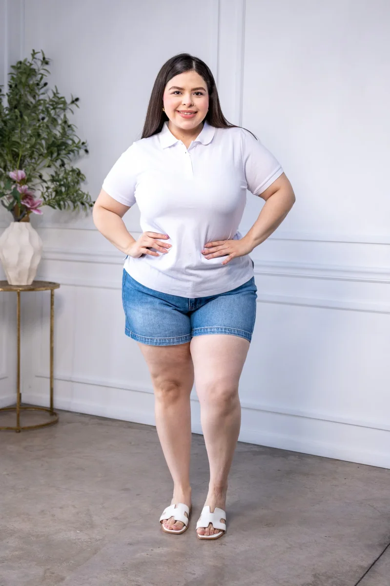 Blusa Polo Curvy Piqué Algodón Blanca Cuello Camisero