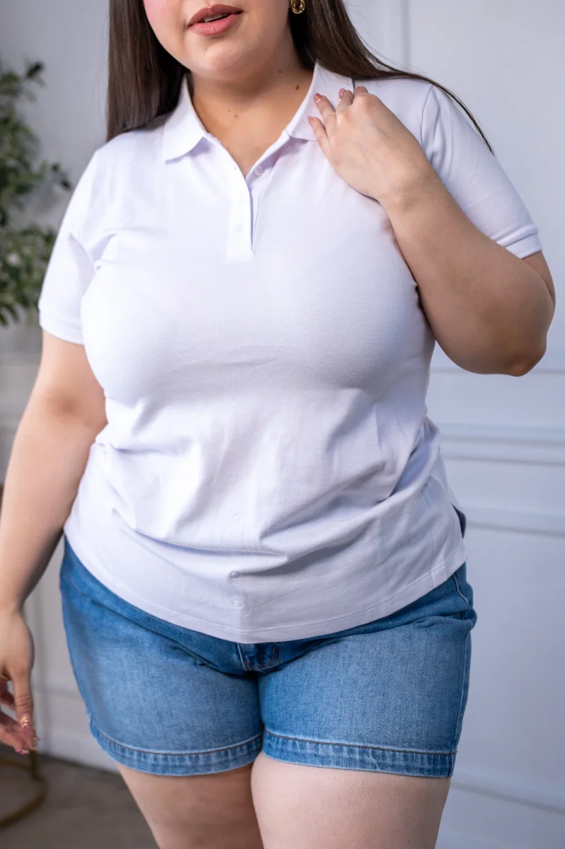 Blusa Polo Curvy Piqué Algodón Blanca Cuello Camisero - Imagen 5