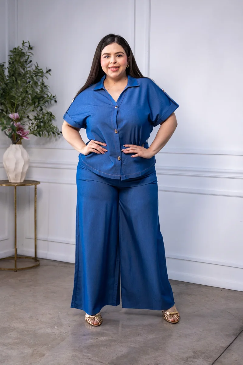 Set Curvy Camisa y Pantalon Wide Leg Azul - Imagen 6