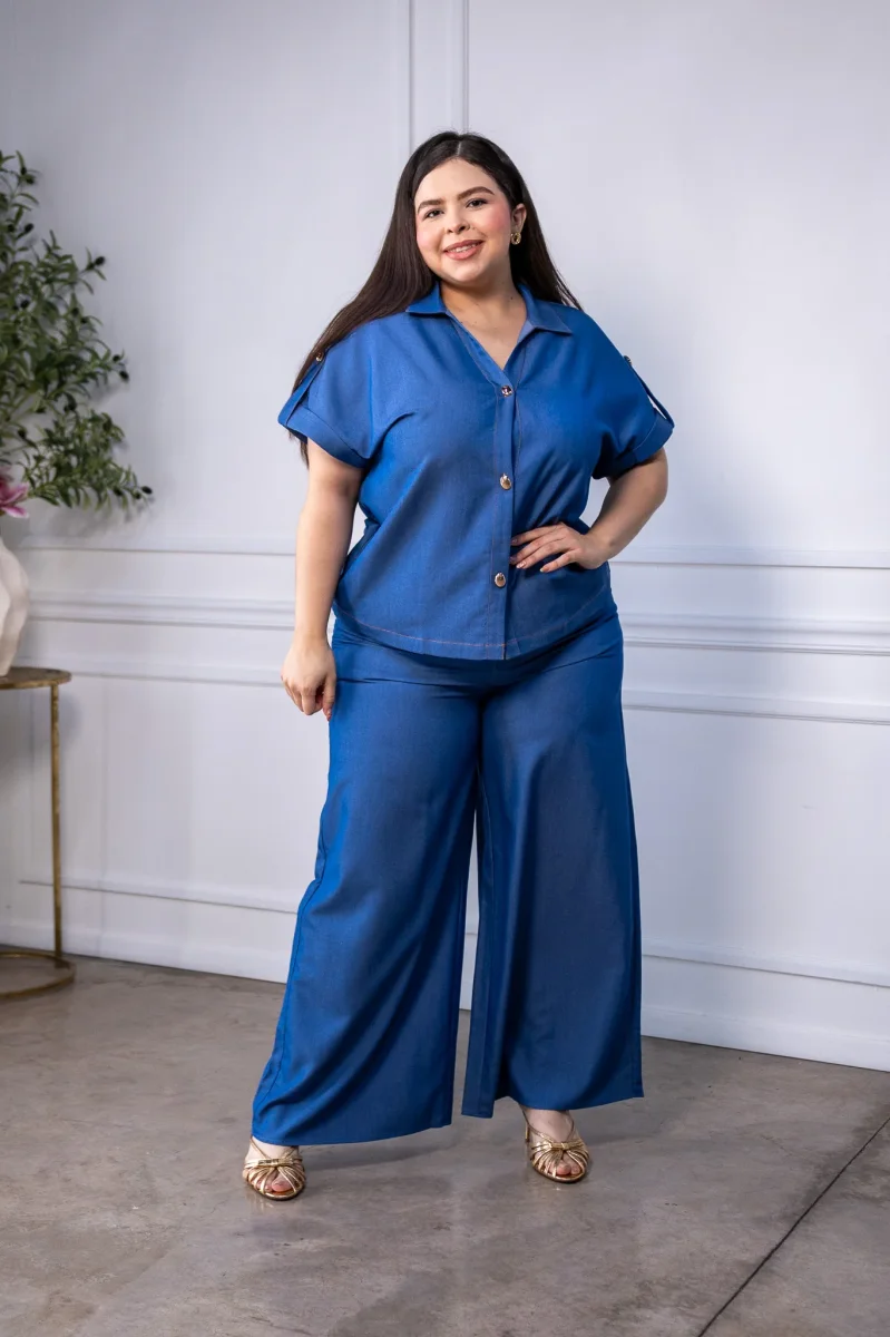 Set Curvy Camisa y Pantalon Wide Leg Azul