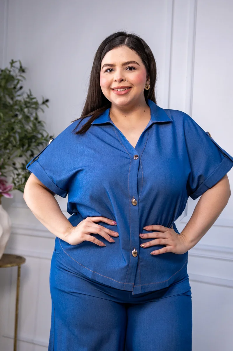 Set Curvy Camisa y Pantalon Wide Leg Azul - Imagen 7
