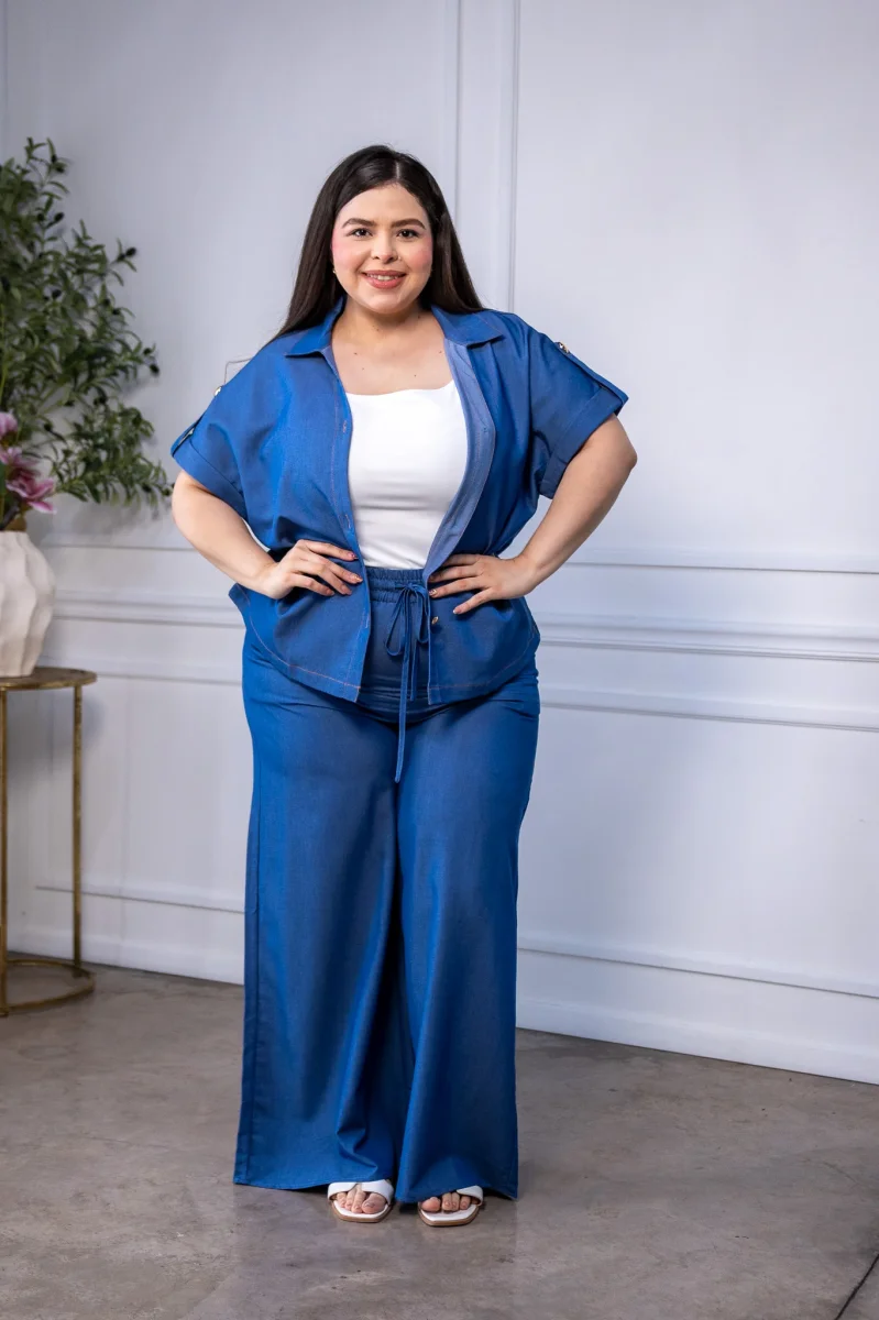 Set Curvy Camisa y Pantalon Wide Leg Azul - Imagen 4