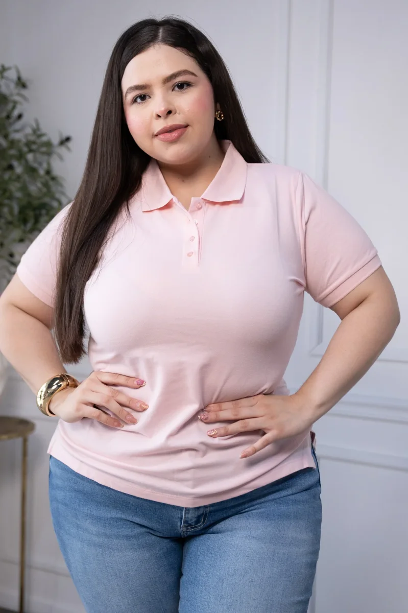 Blusa Polo Curvy Algodón Rosa Pastel Femenina - Imagen 7