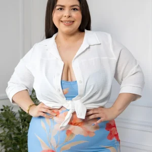 Camisa Curvy Lisa Manga 3/4 Blanco y Verde Versátil Oficina
