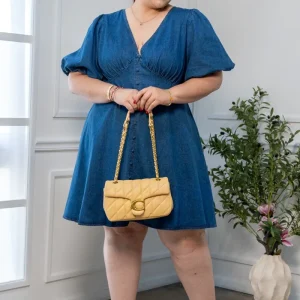Vestido Denim Curvy Manga Globo Escote V