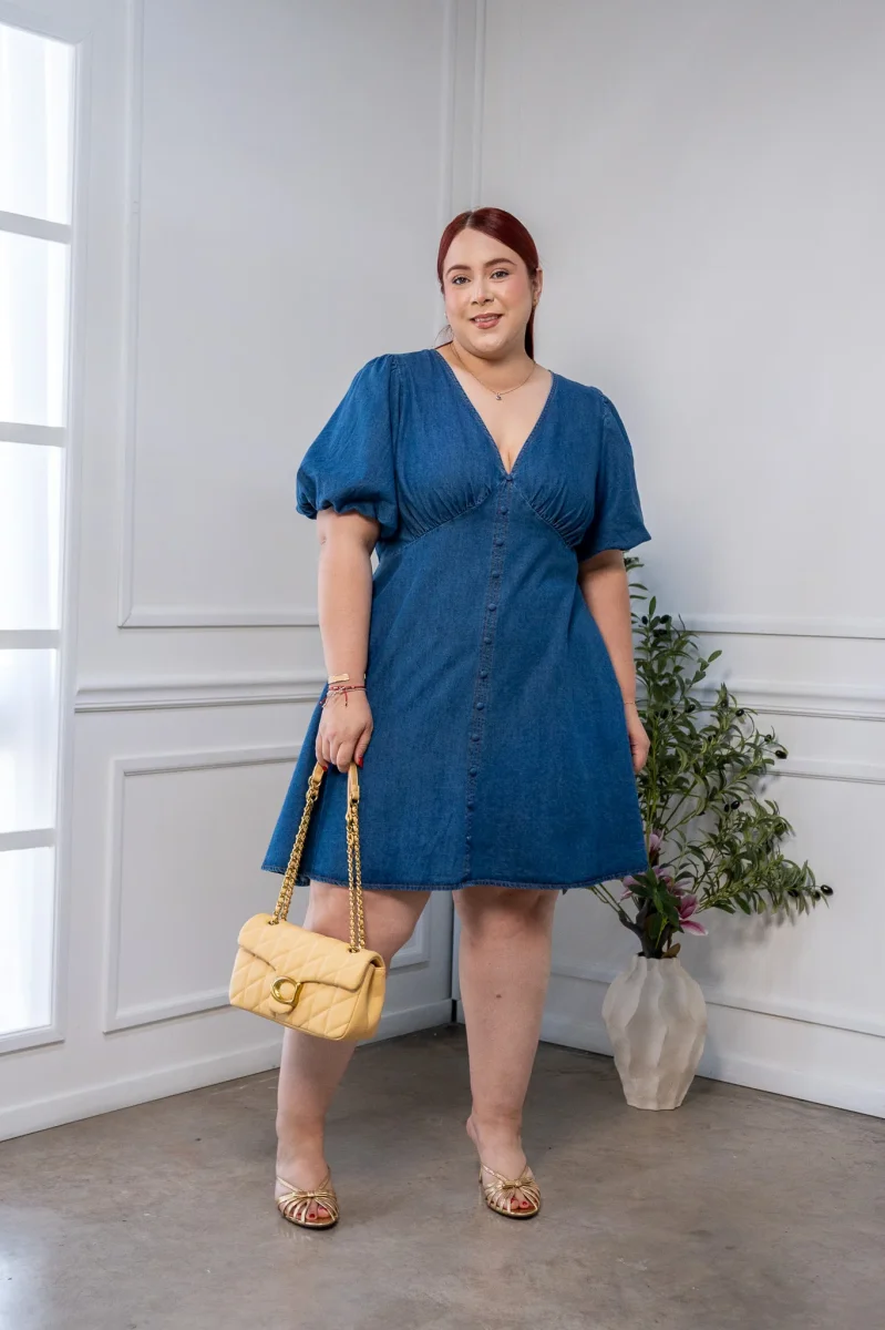 Vestido Denim Curvy Manga Globo Escote V - Imagen 9