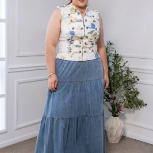 Falda Maxi Curvy de Mezclilla con Vuelo y Niveles Escalonados