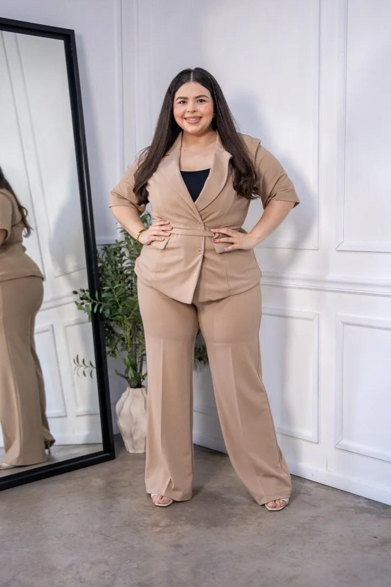 Set Curvy Blazer Solapa + Pant Wide Formal Beige