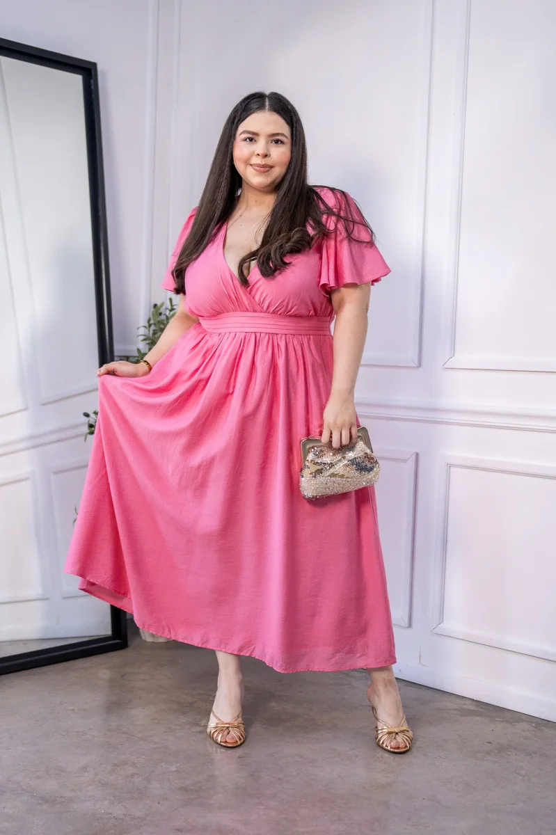 Vestido Curvy Midi Wrap Pretina Flutter Sleeves Rosa - Imagen 4