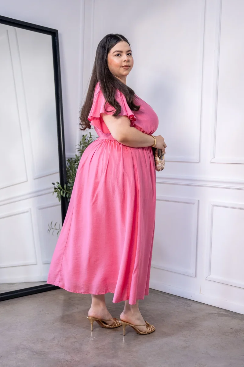 Vestido Curvy Midi Wrap Pretina Flutter Sleeves Rosa - Imagen 5