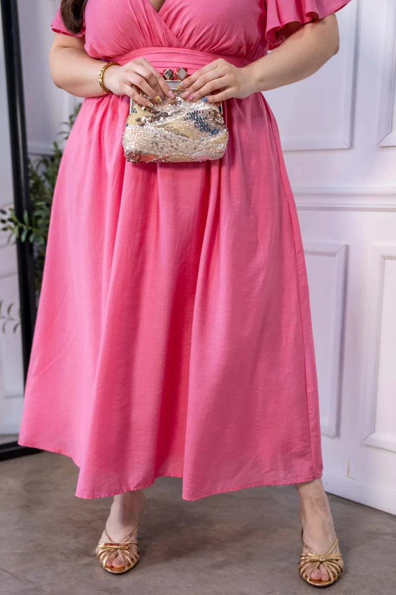 Vestido Curvy Midi Wrap Pretina Flutter Sleeves Rosa - Imagen 7