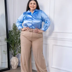Pantalón Curvy Recto Formal Lino Beige Tiro Alto Versátil