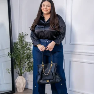 Pantalón Curvy Fluido Denim Wide Leg Cintura Alta Azul