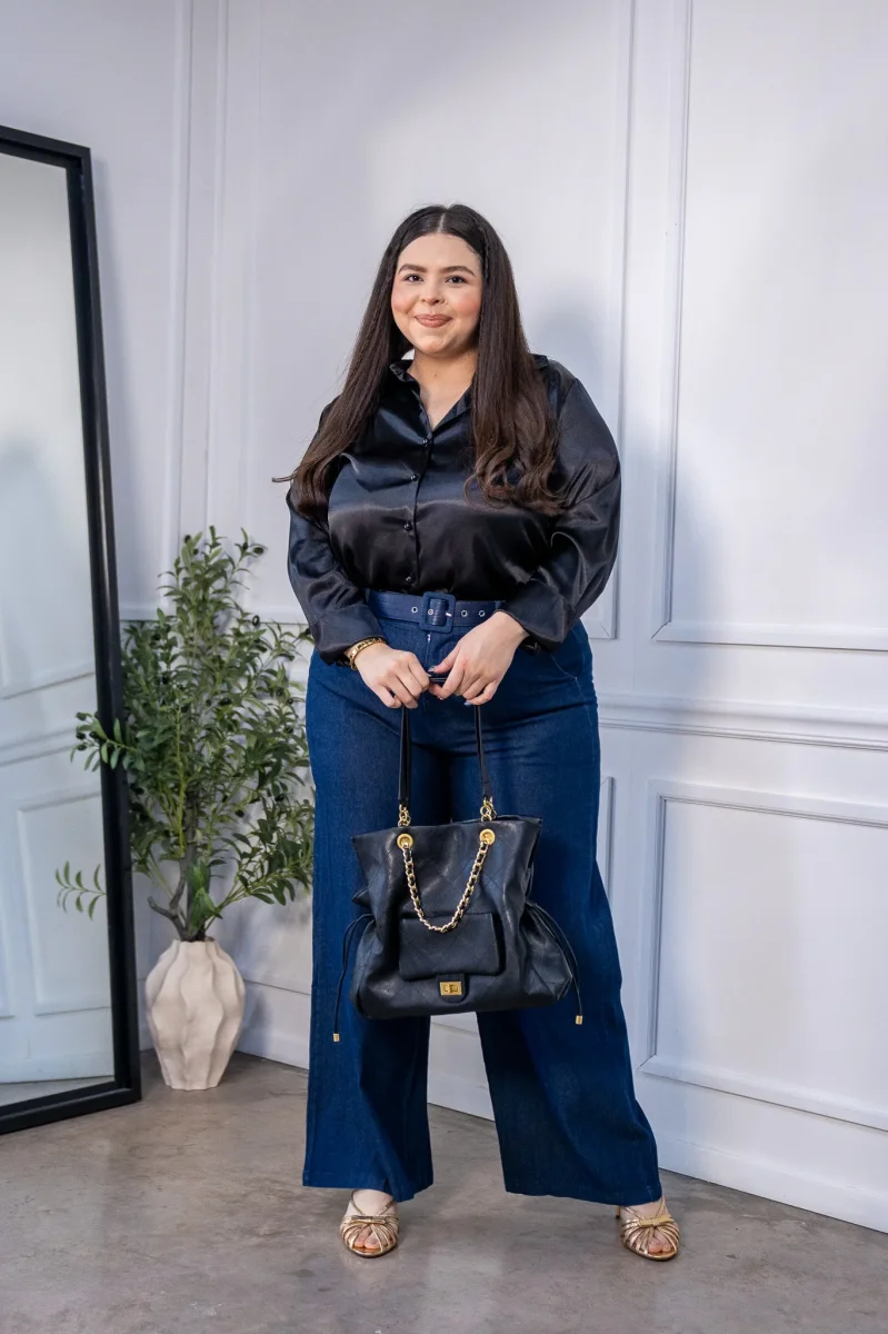 Pantalón Curvy Fluido Denim Wide Leg Cintura Alta Azul - Imagen 2