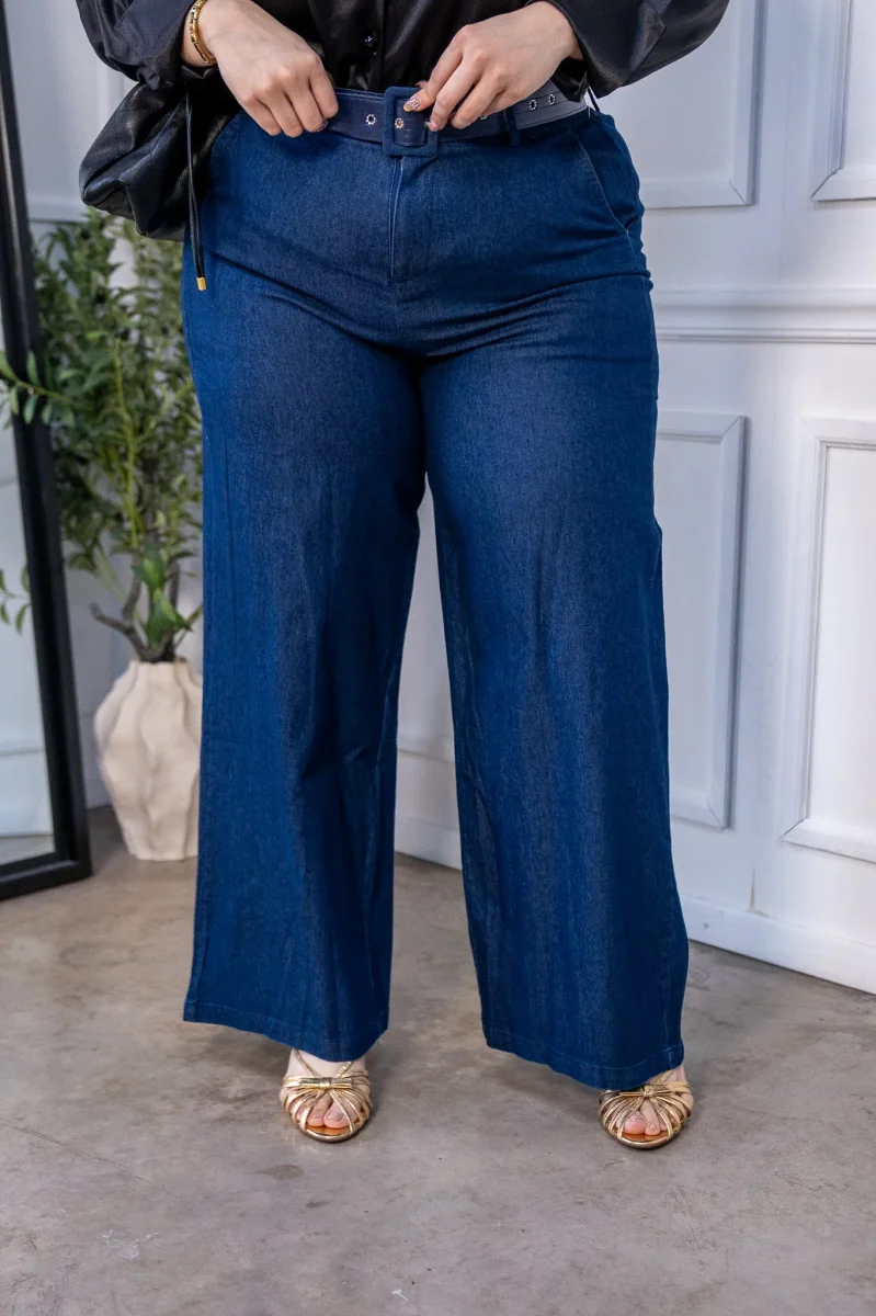 Pantalón Curvy Fluido Denim Wide Leg Cintura Alta Azul - Imagen 4