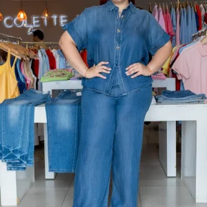 Set Camisa y Pantalon Wide Leg Curvy Liso Denim Oscuro