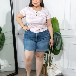 Blusa Curvy Rayas Rosa y Lila con Botones Henley