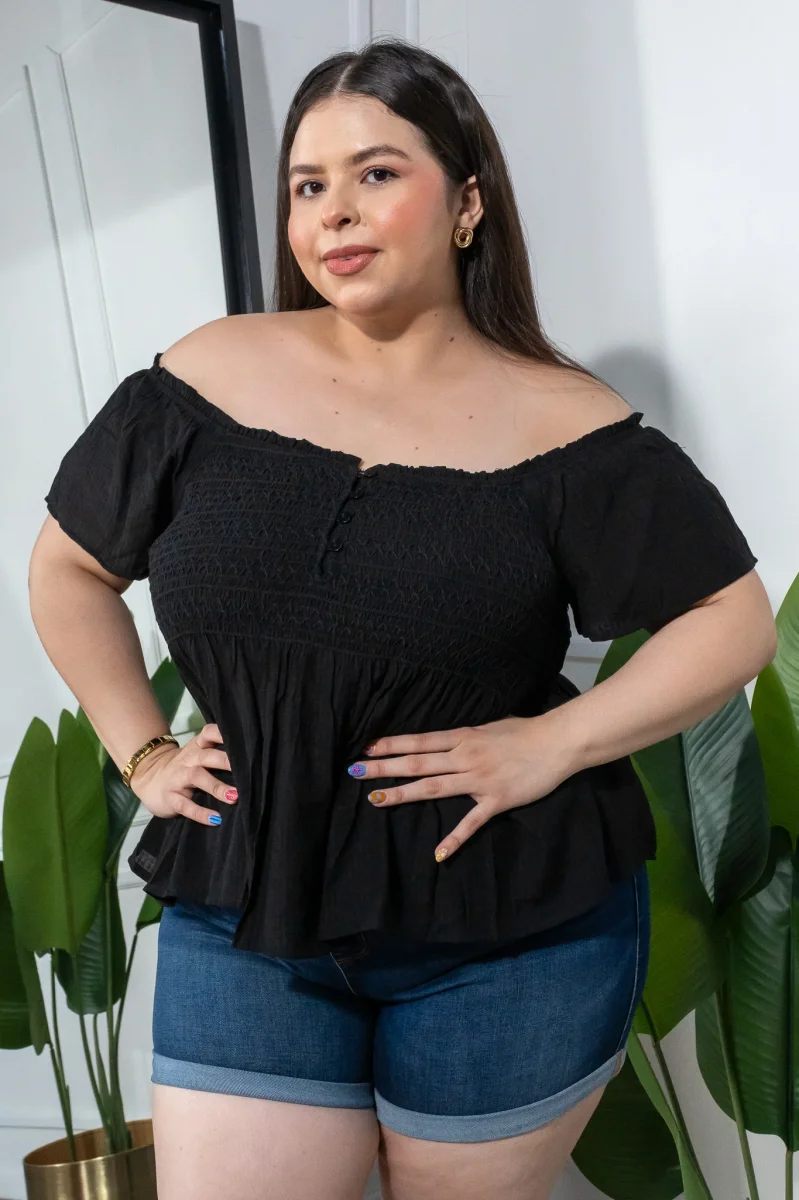 Blusa Curvy Off Shoulder Resorte Peplum Negra