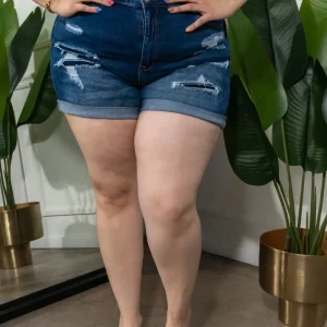 Short Curvy Mezclilla Roto Oscuro Stretch Cintura Alta Dobladillo
