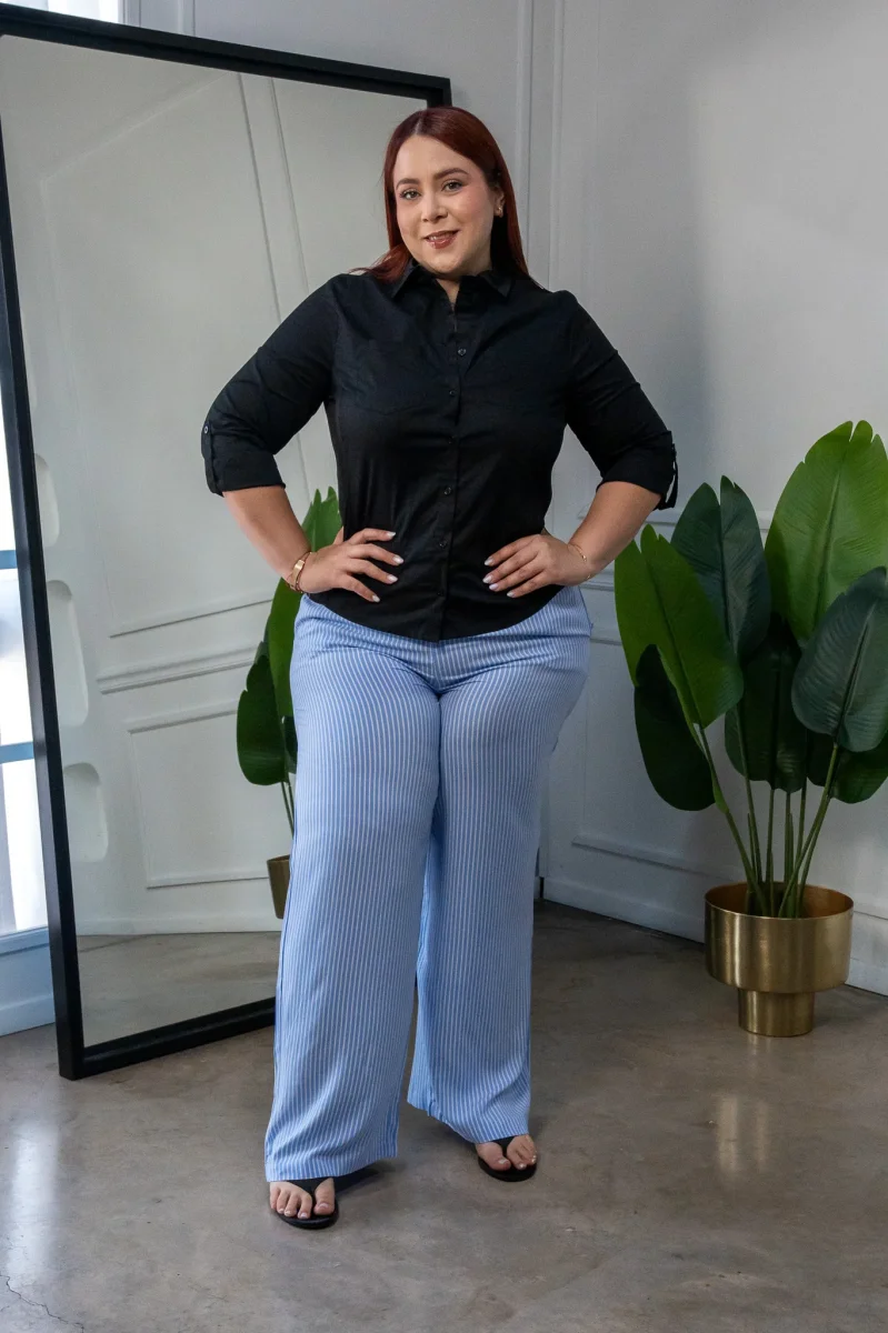 Pantalón Casual Curvy Azul de Rayas con Elástico en Cintura - Imagen 5