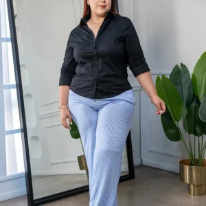 Pantalón Casual Curvy Azul de Rayas con Elástico en Cintura