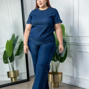 Set Pantalon Denim con Estoperoles Curvy Oscuro