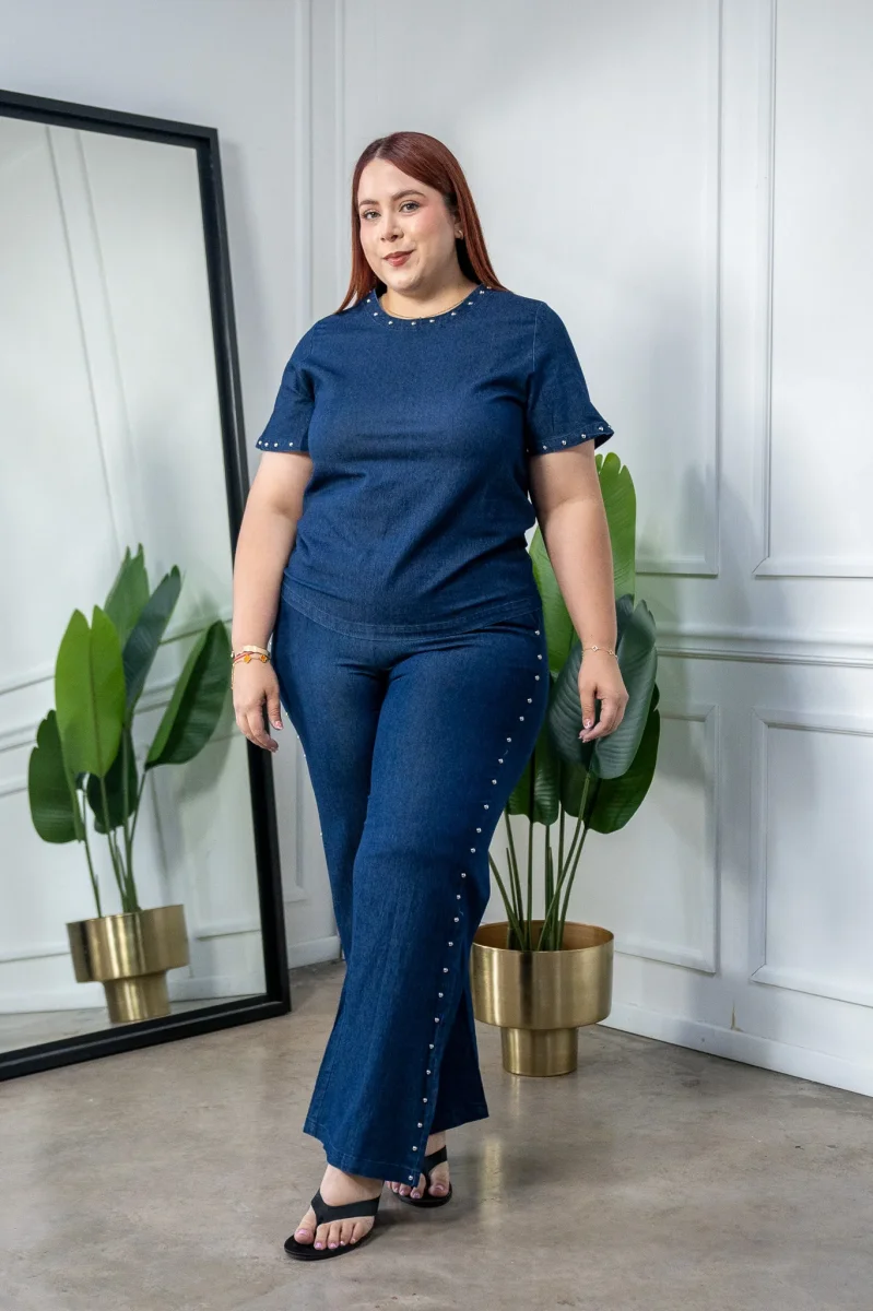 Set Pantalon Denim con Estoperoles Curvy Oscuro
