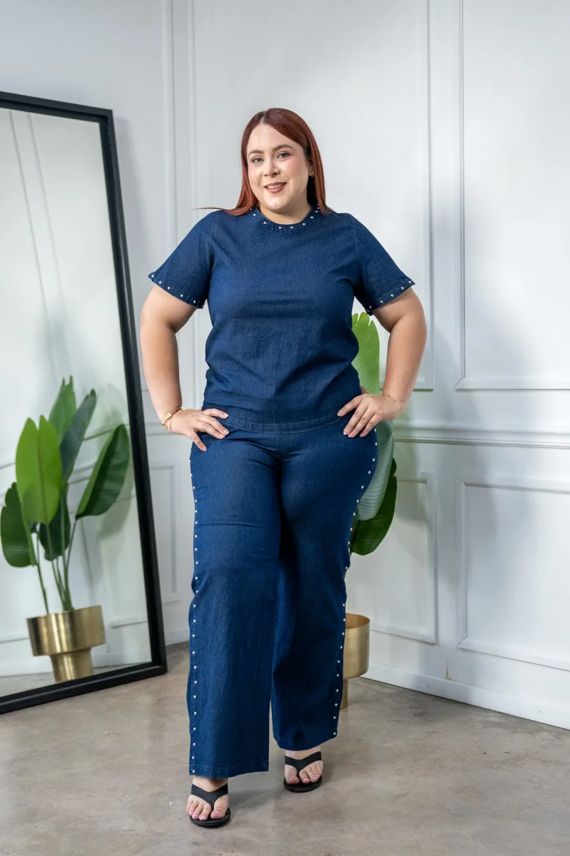 Set Pantalon Denim con Estoperoles Curvy Oscuro - Imagen 5