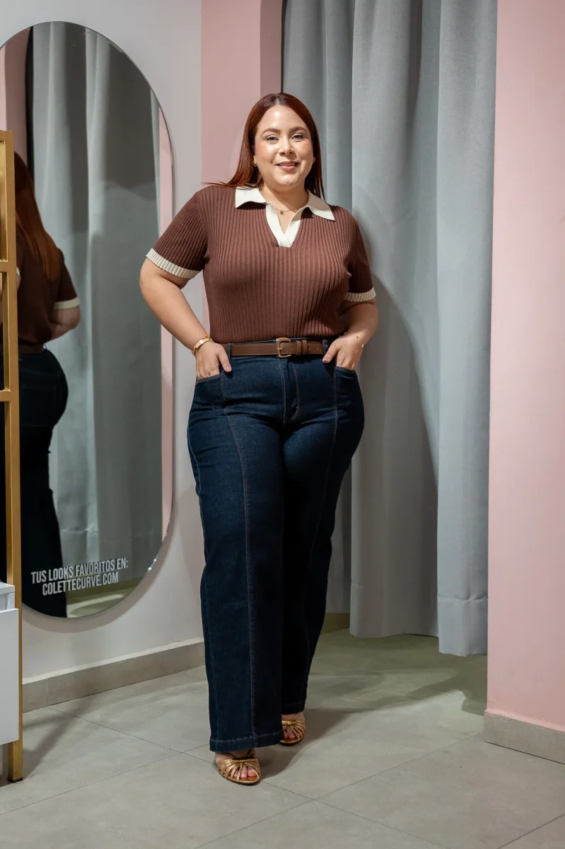 Blusa Polo Lisa con Cuello Curvy Café - Imagen 4