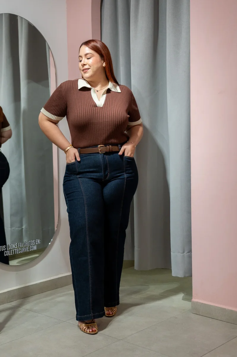 Blusa Polo Lisa con Cuello Curvy Café - Imagen 5