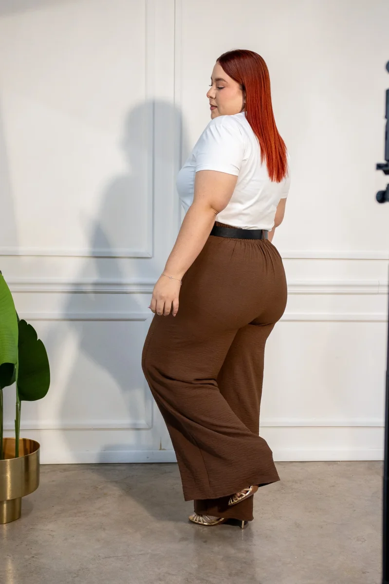 Pantalon Curvy Wide Leg Cintura Alta Cafe Chocolate - Imagen 7