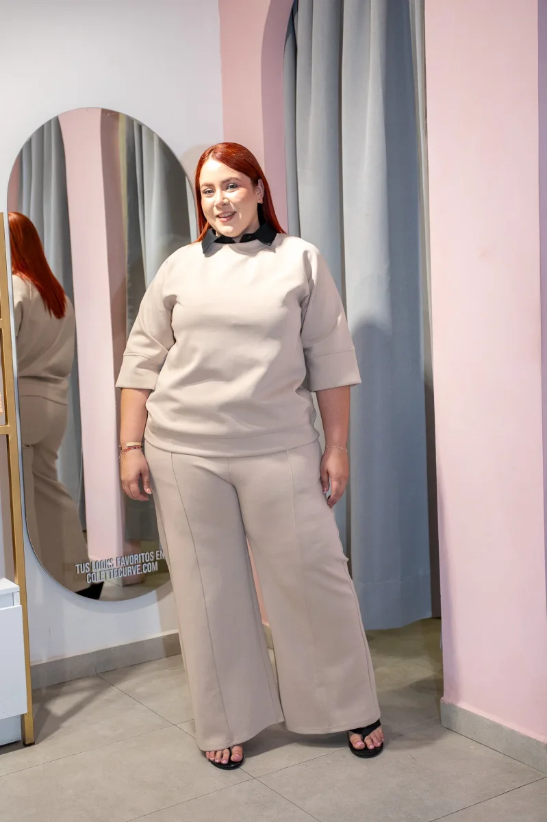 Set Curvy Pants Liso Cintura Elastica Beige - Imagen 2
