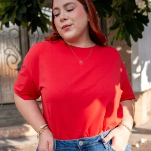 Playera Curvy Oversize Algodón Stretch Beige y Rojo Casual