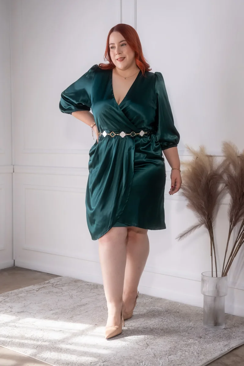 Vestido satin liso cruzado verde - Imagen 2