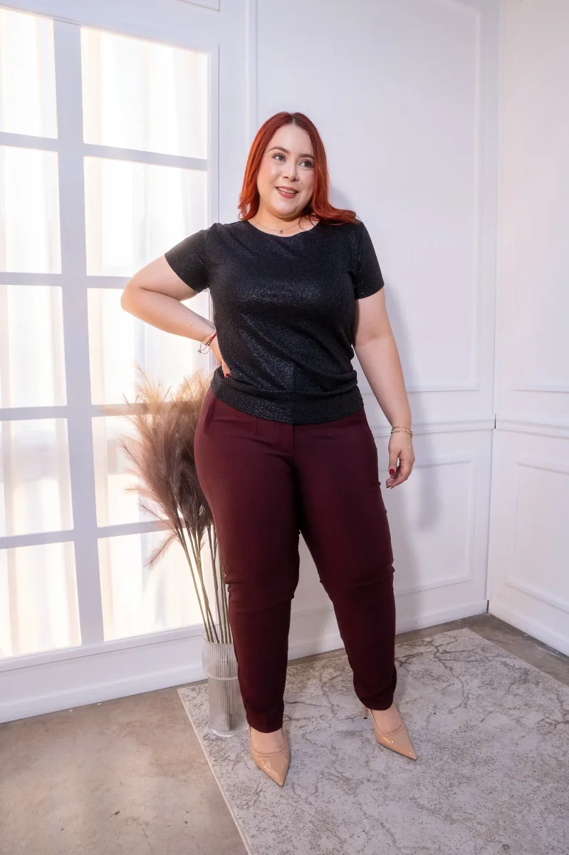 Pantalón Curvy Tipo Zara Tinto Cintura Alta Reloj de Arena