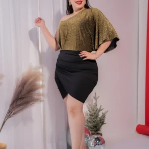 Vestido One Shoulder con Brillos Dorado Plus Size para Mujer