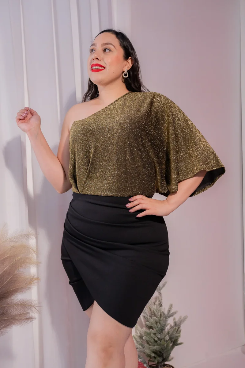 Vestido One Shoulder con Brillos Dorado Plus Size para Mujer - Imagen 3