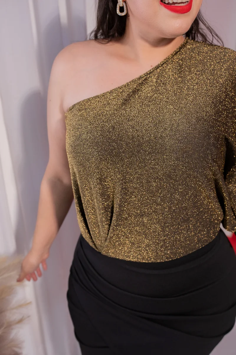 Vestido One Shoulder con Brillos Dorado Plus Size para Mujer - Imagen 5