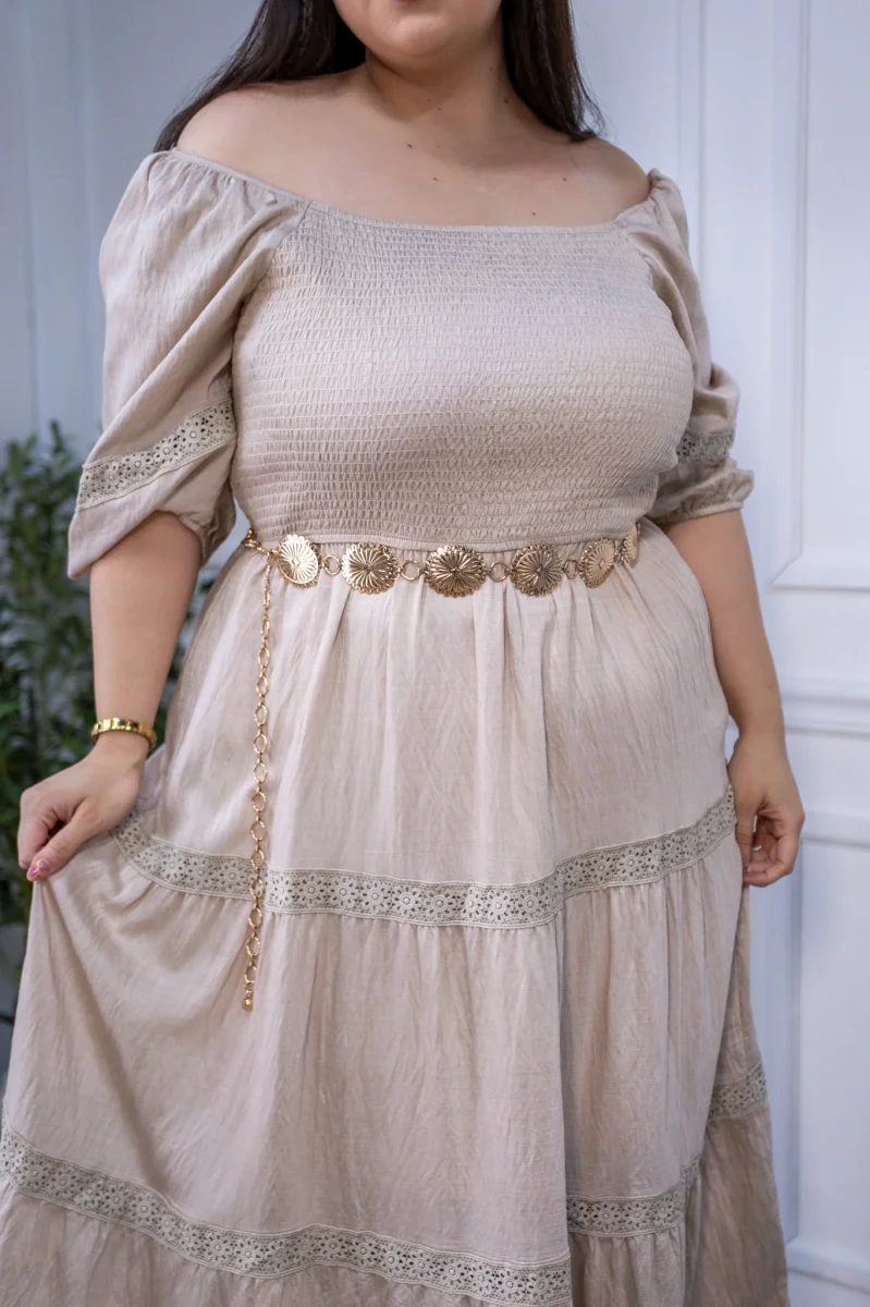 Maxi Vestido Curvy Escote Cuadrado Resorte Manga Abullonada Beige - Imagen 6